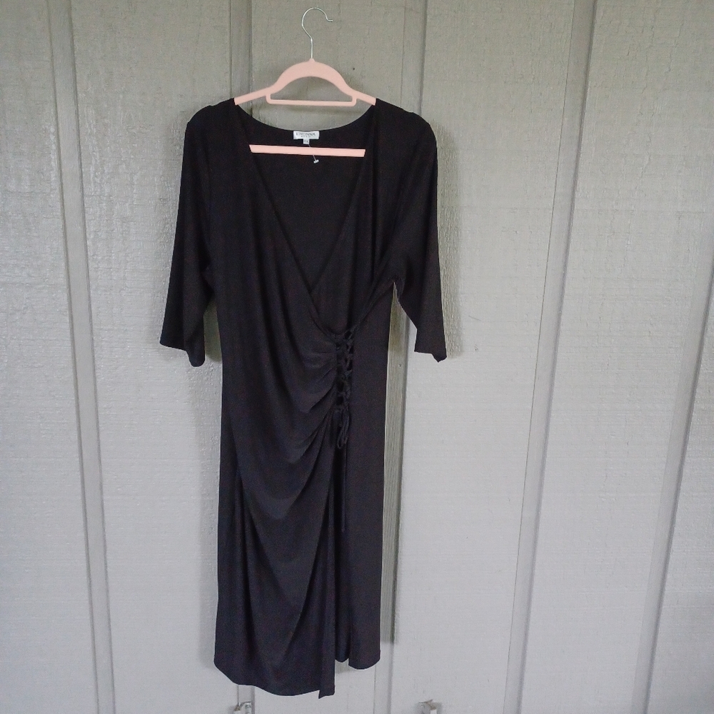 Kiyonna Faux Wrap Jersey Dress Plus Size 1X Women V Neck In Black Stretch